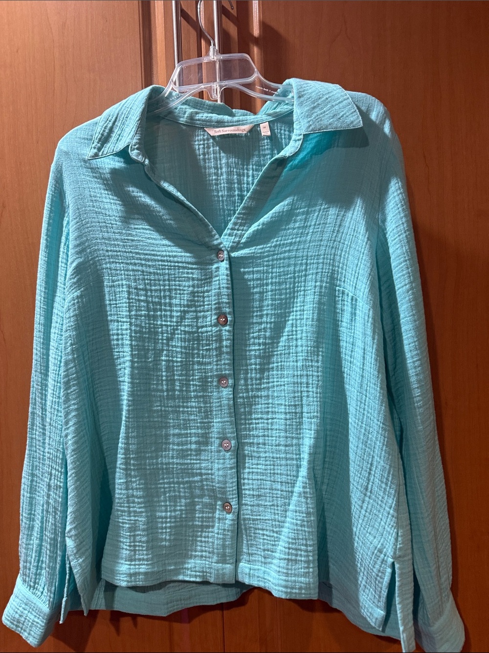 Soft Surroundings Aqua Textured Button-Down Shirt